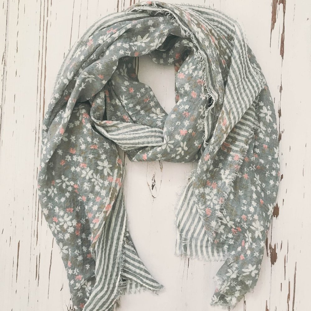 Blue Flowers & Soft Stripes Scarf